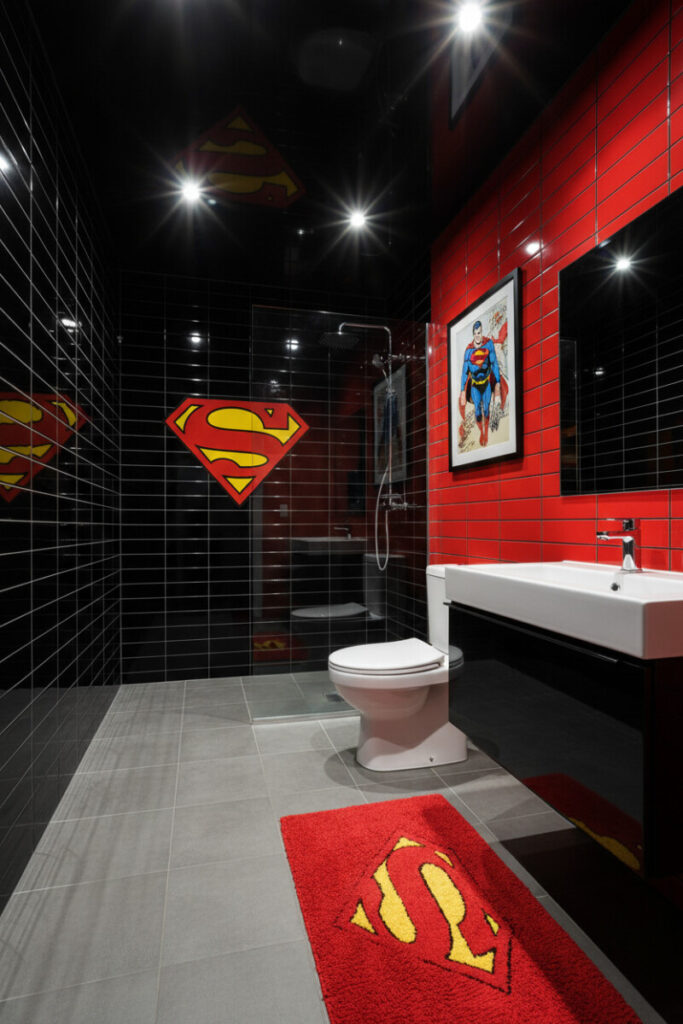 Superhero bath with glossy black and red tiles, giant Superman shield decal, black vanity—dynamic Boys Bathroom Designs.