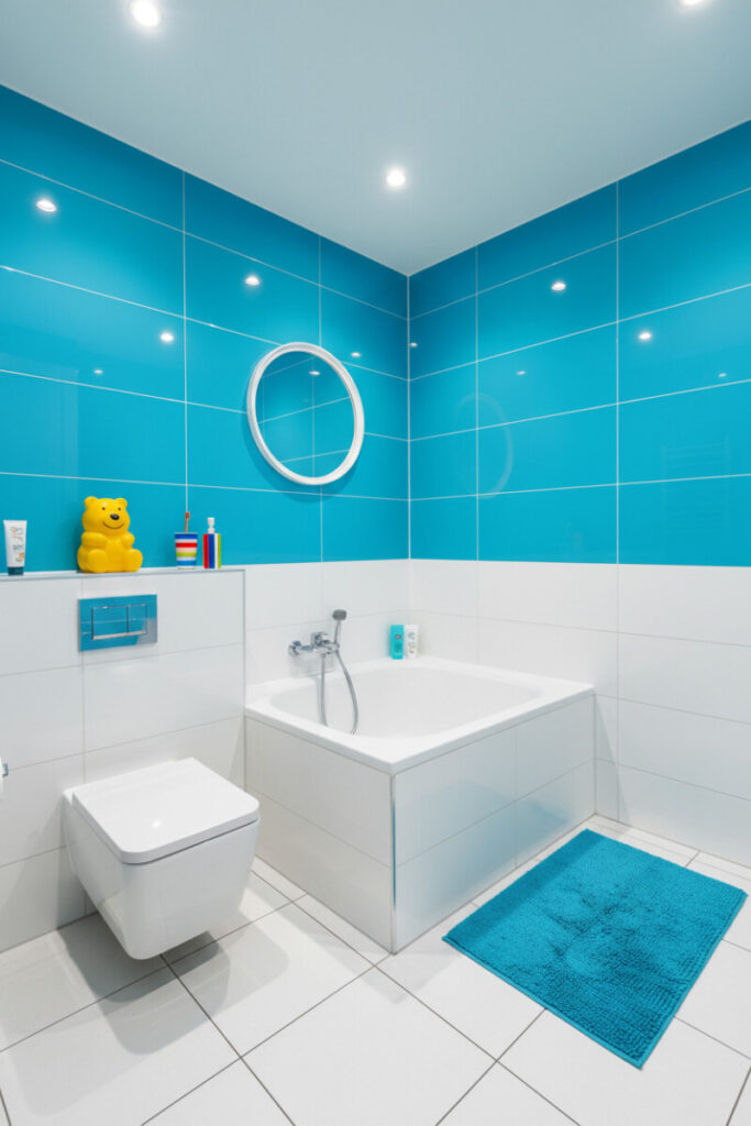 Crisp cyan and white tile bath with circular mirror, yellow bear soap dispenser, striped toothbrush holder—easy swap-friendly kids bathroom ideas.