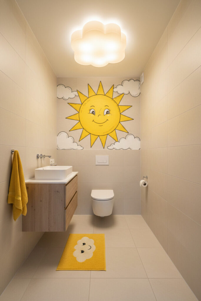 Cream-beige tiled room with smiling sun mural, cloud-shaped ceiling light, floating wood vanity—whimsical kids bathroom ideas.