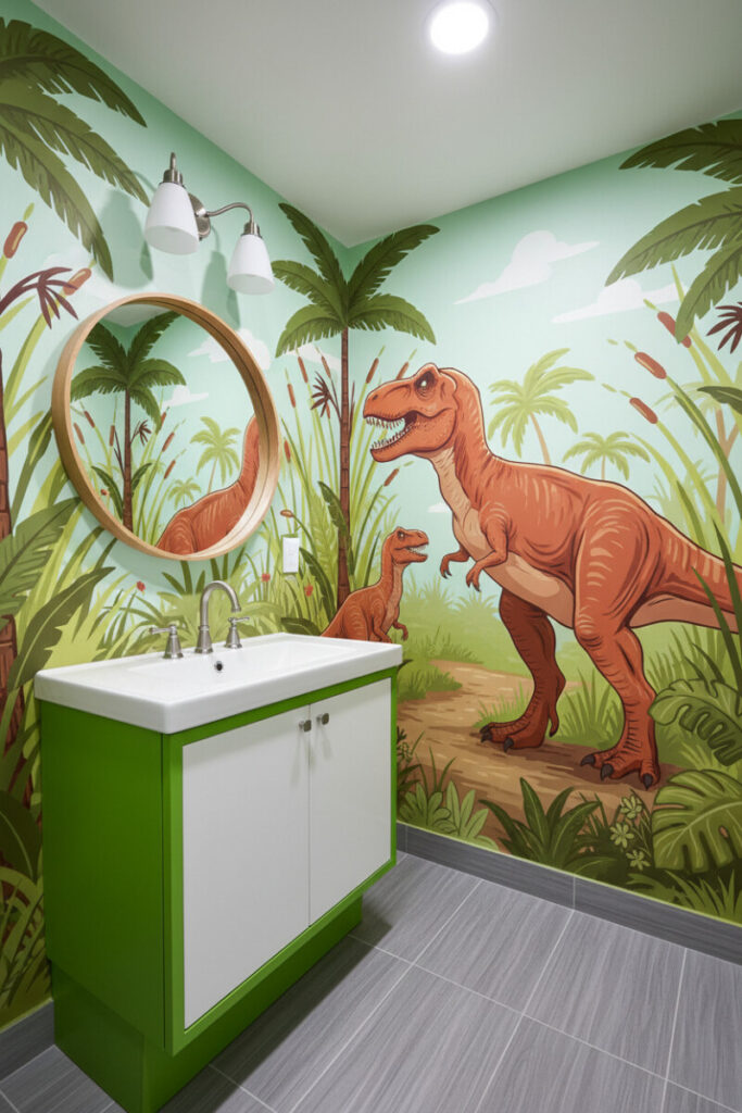 Dinosaur jungle mural with terracotta T-rex, white vanity with spring-green trim, round wood mirror—imaginative boys bathroom decor.