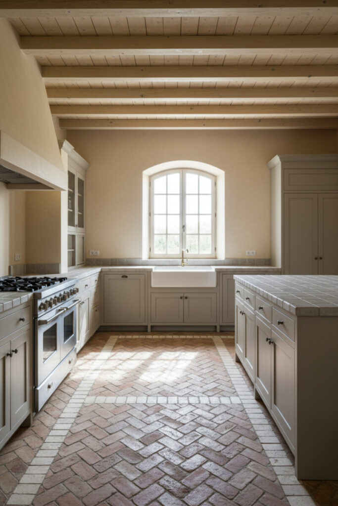 Light-toned herringbone terracotta with off-white accents, creamy stucco walls, and blonde beams for an airy Mediterranean palette.