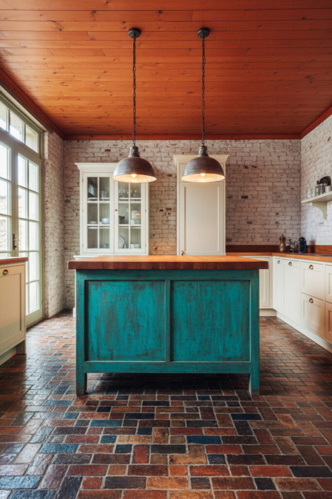 Eclectic space with colorful mosaic brick floor, distressed teal island, and whitewashed brick walls for a playful pop.