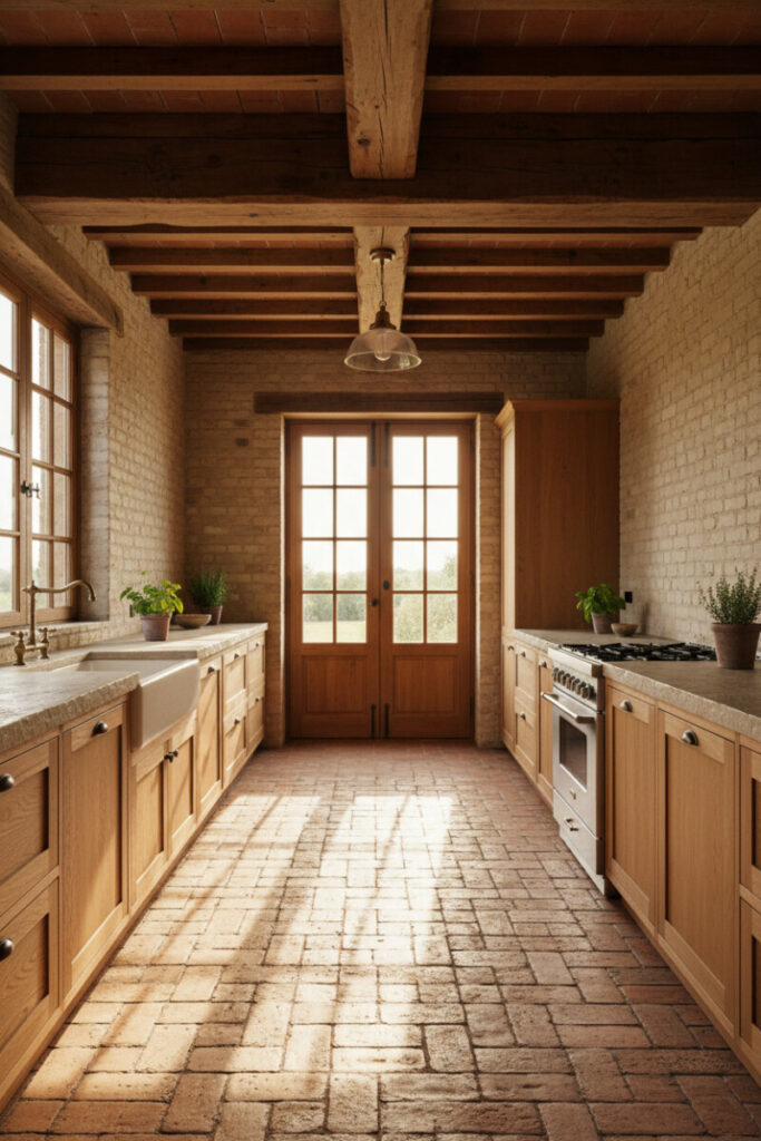 Warm Tuscan galley with stretcher-bond terracotta kitchen flooring, honey wood cabinetry, and rough-cut stone countertops.