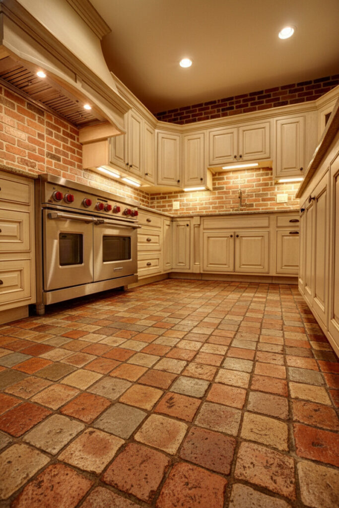 Nostalgic farmhouse with varied terracotta pavers, distressed cream cabinets, brick backsplash, and arched wooden hood.