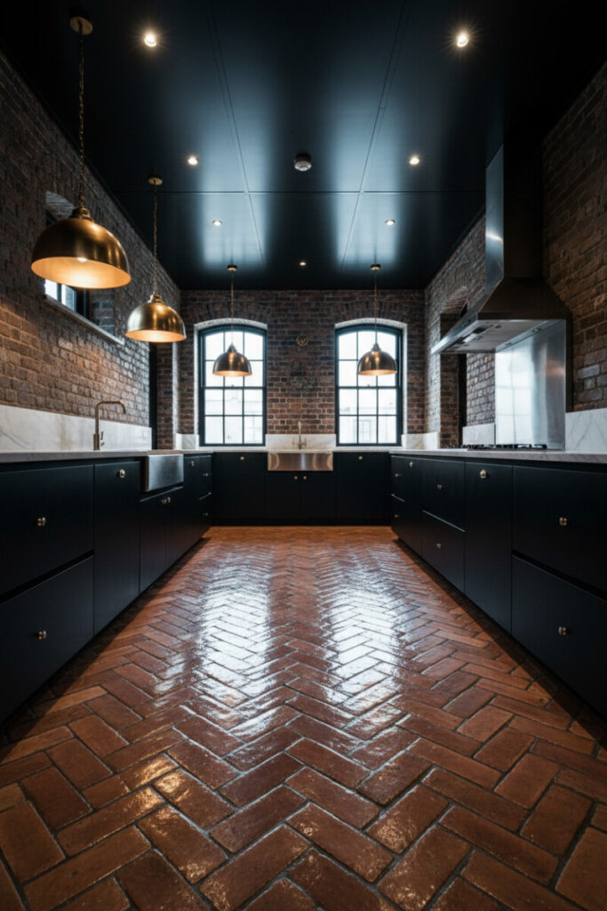 Industrial-chic basketweave of sealed terracotta reflecting matte-black cabinetry and white marble—great for sealed brick kitchen floor ideas.