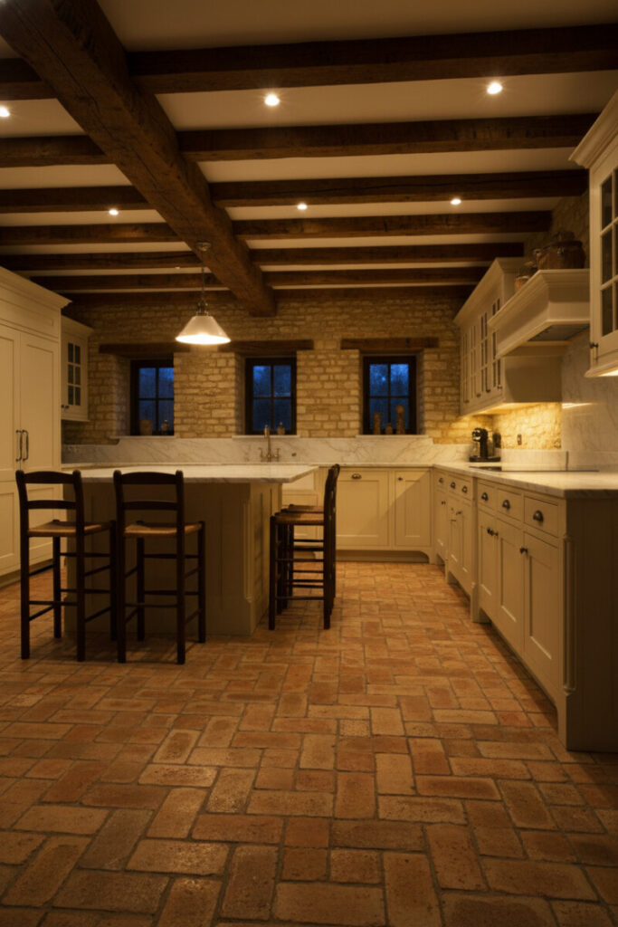 Radiant basketweave terracotta under heavy beams, creamy island, and amber lighting for glowing evening warmth.