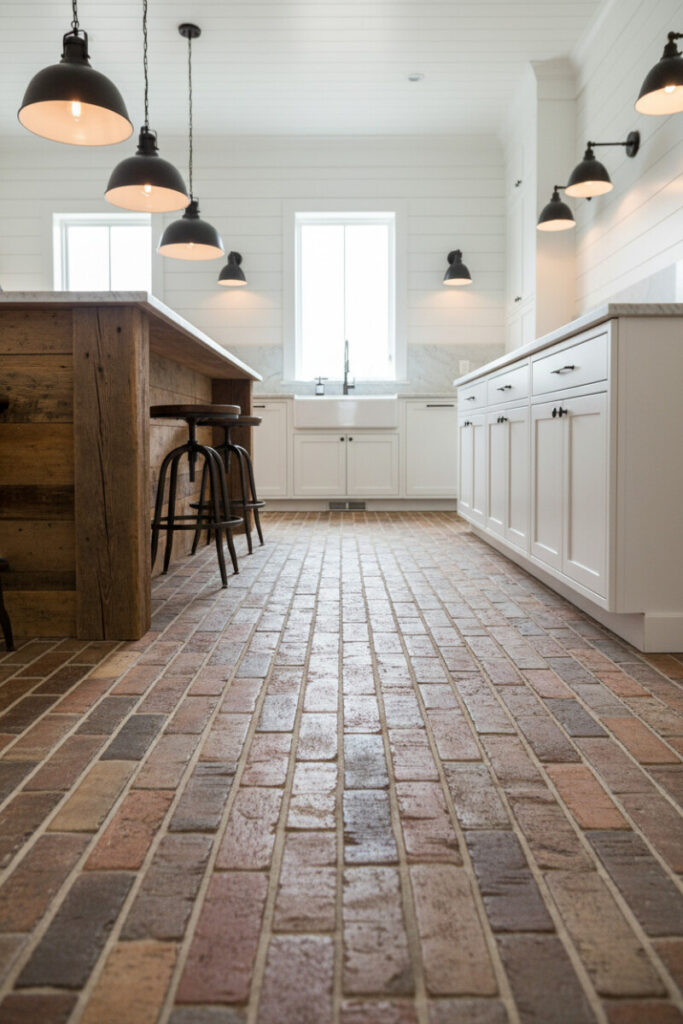 Long running-bond reclaimed thin bricks between dual islands, shiplap walls, and industrial sconces—textbook reclaimed brick paver kitchen.