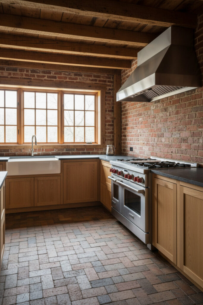 Rustic-modern corner with diagonal long-format bricks, stainless range with red knobs, light oak cabinets, and brick backsplash.