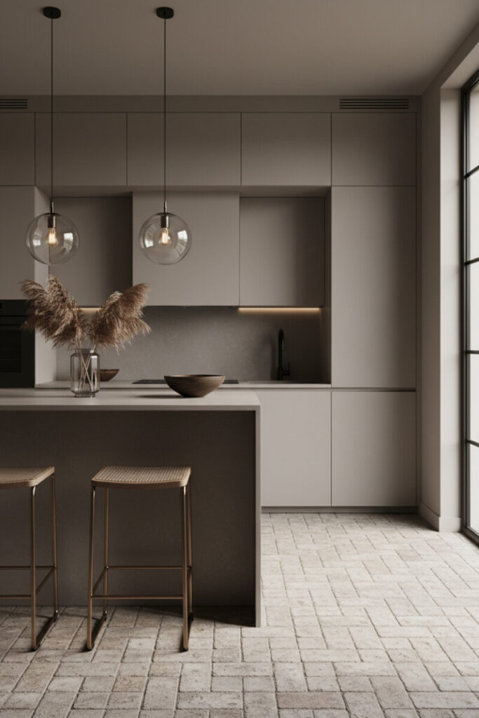 Minimalist taupe kitchen with light greige herringbone bricks, handleless cabinets, and clear globe pendants—subtle herringbone brick kitchen style.