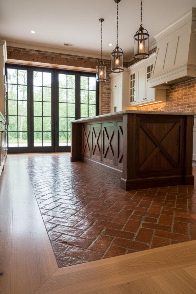 Transitional farmhouse with glossy herringbone terracotta framed by oak border planks and walnut island—classic terracotta kitchen flooring inspiration.