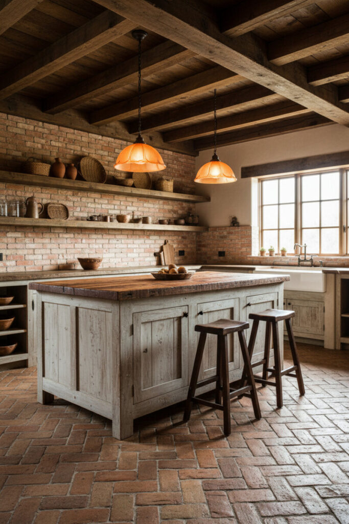 Southwestern scheme with tight herringbone terra cotta, weathered gray island, salmon brick wall, and amber glass pendants.