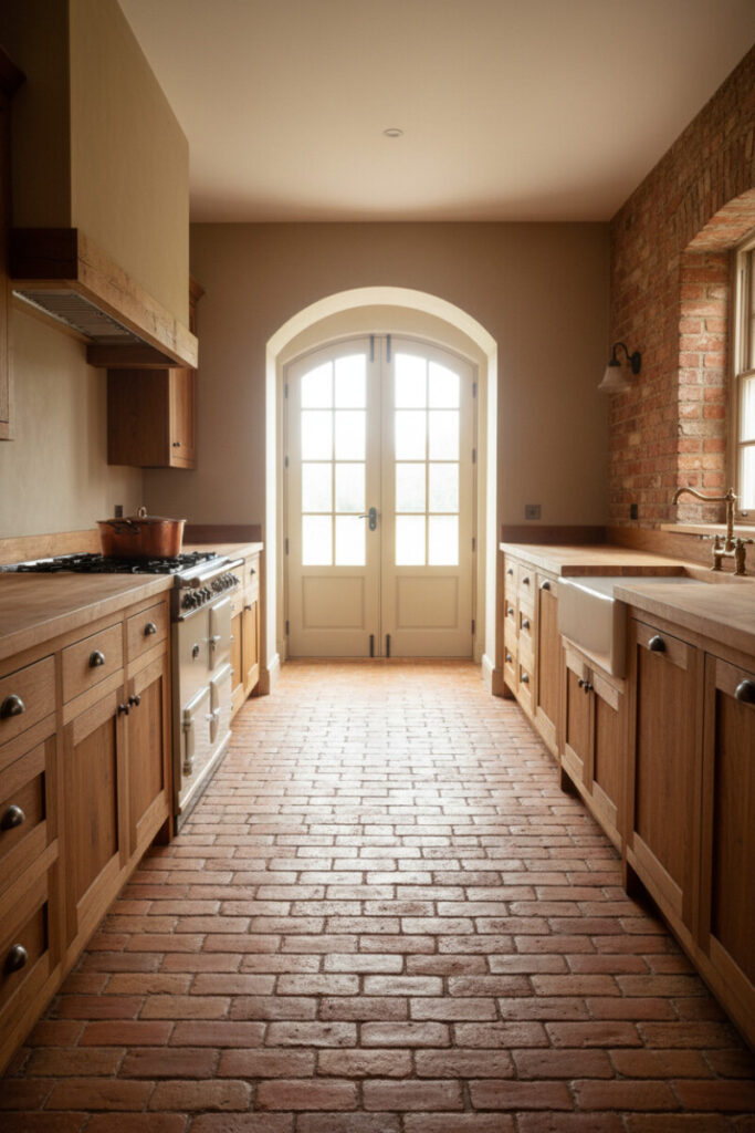 Warm terracotta running bond leading to arched and French doors, butcher-block counters, and brass farmhouse faucet—family-friendly Brick Floor Kitchen Ideas.