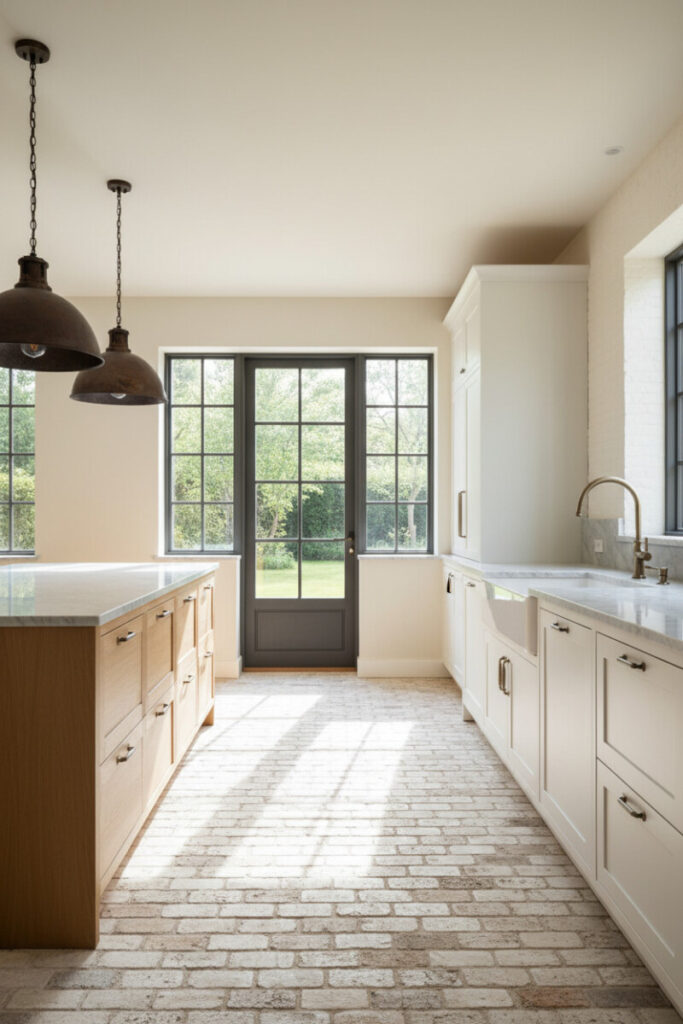 Whitewashed reclaimed thin-brick running bond with pale cream and taupe tones, white shaker cabinets, and charcoal-framed French door—bright reclaimed brick paver kitchen look.