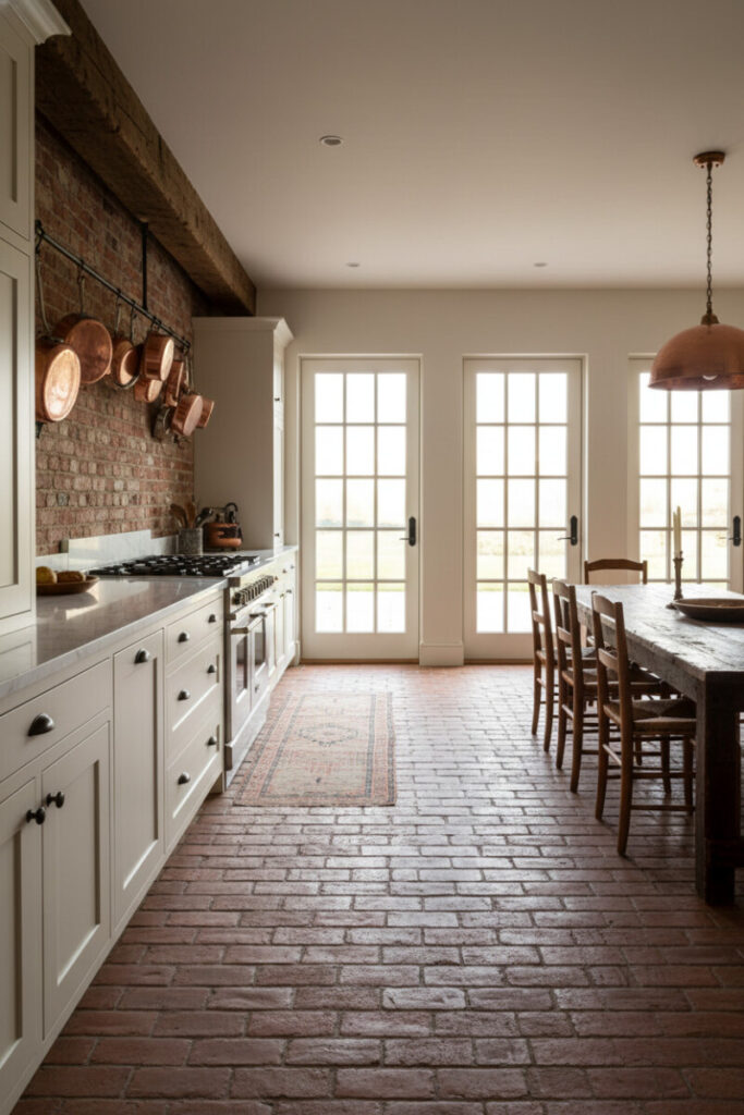 Country red running-bond brick floor, antique white cabinetry, marble counters, and French doors for a bright farmhouse look.