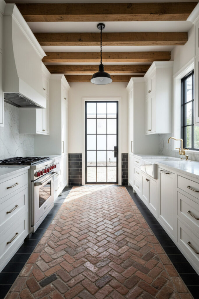 Symmetrical galley view with herringbone bricks bordered in black tile and white Shaker cabinets—smart framed-floor concept from Brick Floor Kitchen Ideas.