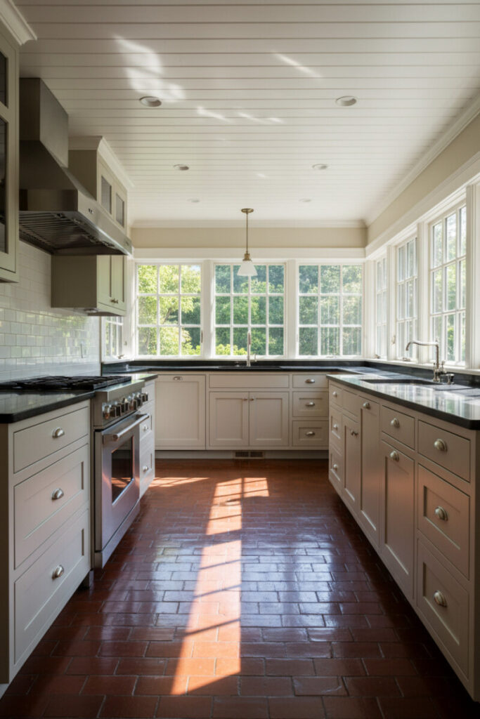 Sun-drenched galley featuring glazed, highly reflective terracotta kitchen flooring with greige cabinets and beadboard ceiling.