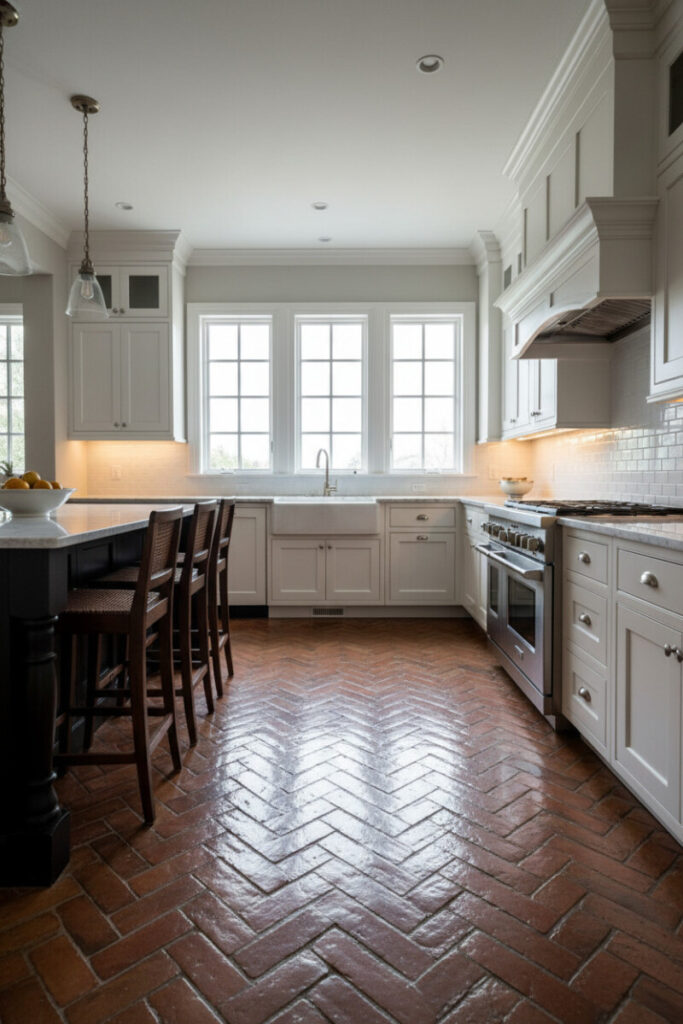 Elegant herringbone brick kitchen with inset white cabinets, dark island, and millwork hood—quintessential herringbone brick kitchen inspiration.