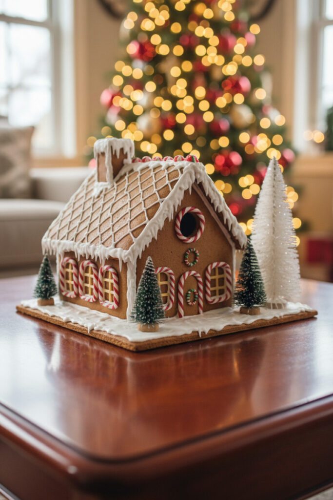 Gingerbread house with icing details and bottlebrush trees reflecting in polished mahogany—nostalgic centerpiece.