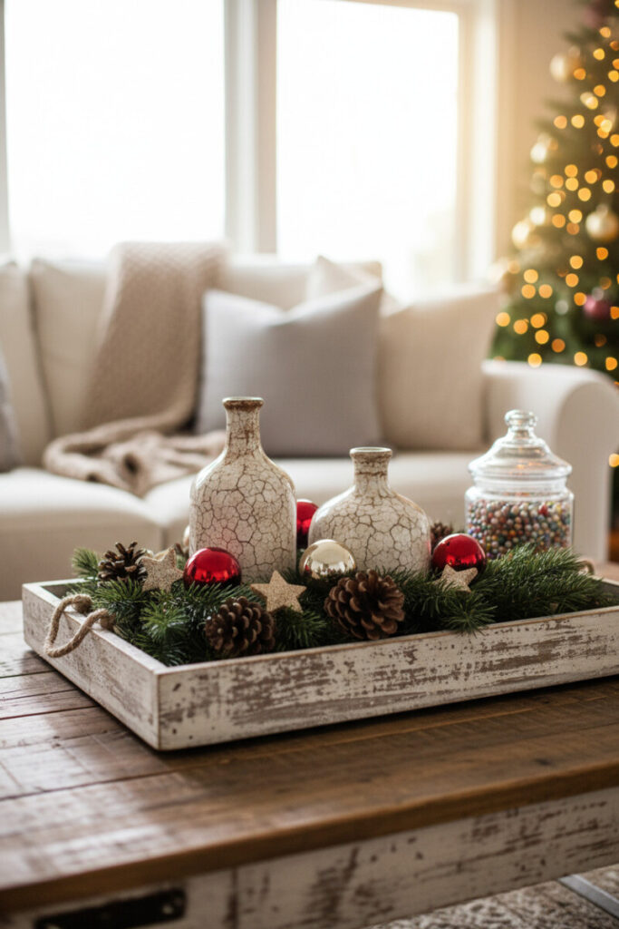 Whitewashed tray with pine, rustic ceramic bottles, red ornaments, and a candy jar on reclaimed wood—handcrafted holiday coffee table decor.