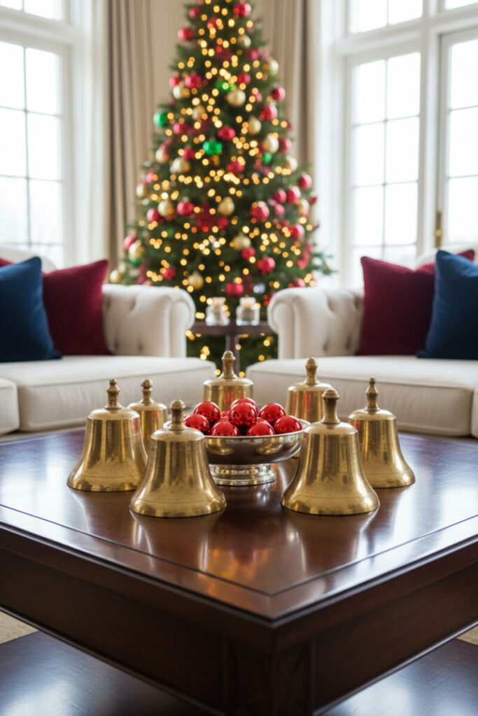Cluster of antique brass bells around a silver bowl of tiny red ornaments on glossy mahogany—refined Christmas Coffee Table Decorations.