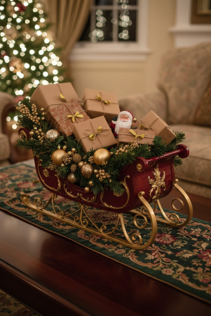 Glossy crimson sleigh with wrapped gifts, pine, and champagne ornaments atop an embroidered runner—whimsical holiday coffee table decor.