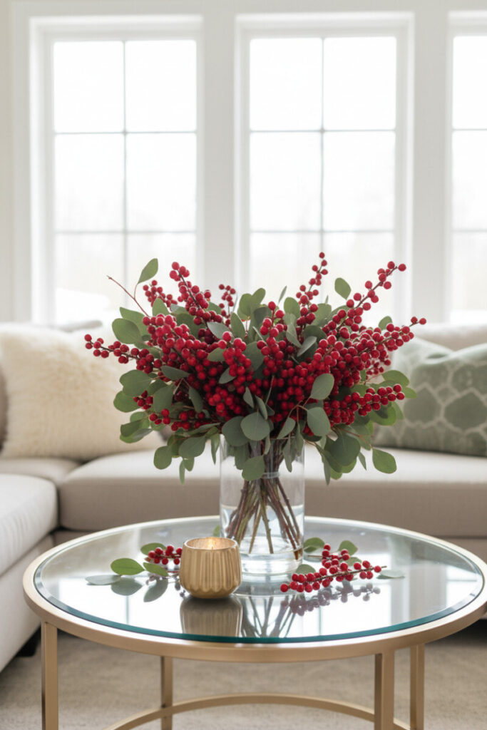 Tall clear vase of glossy red berries and eucalyptus on a glass table with matte gold votive—airy elegant Christmas coffee table styling.
