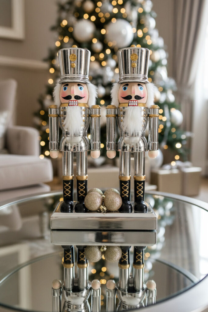 Pair of chrome-and-gold nutcrackers on a mirrored coffee table with champagne baubles—modern Christmas Coffee Table Decorations.
