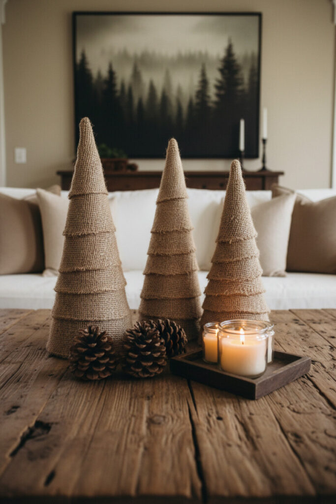 Burlap cone trees with jar candles on a reclaimed wood table; earthy palette—textural holiday coffee table decor.