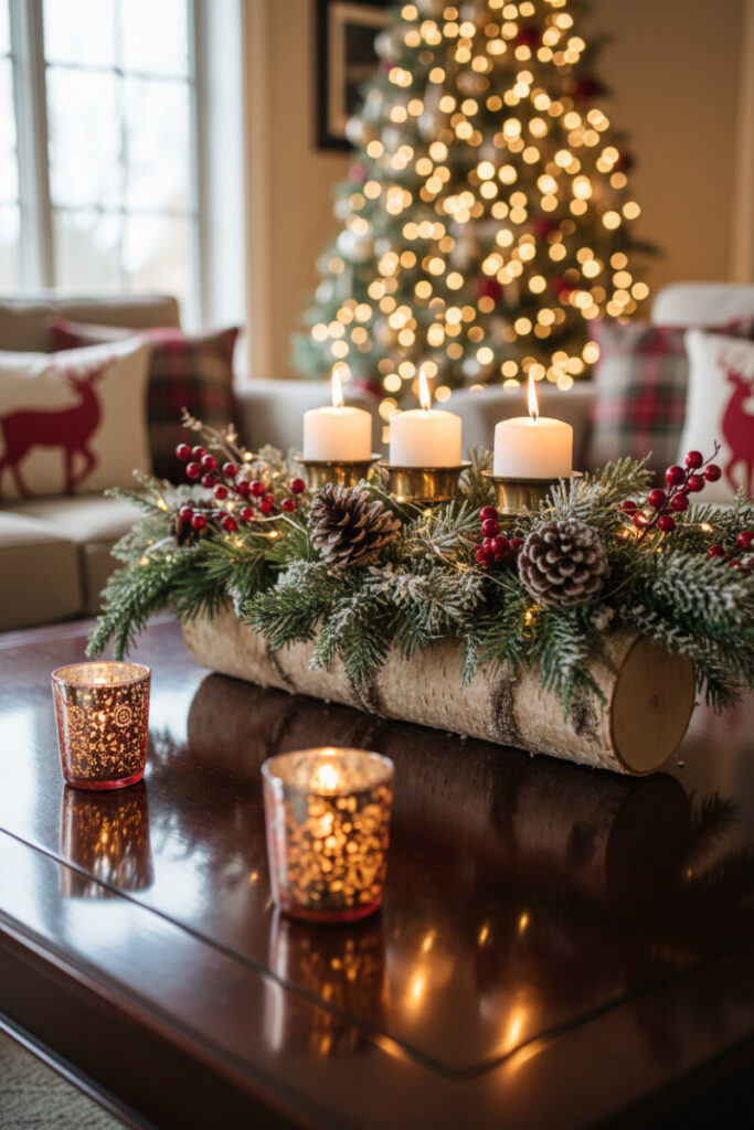 Birch yule log trough packed with frosted foliage, sugared cones, berries, and three white pillars with micro-lights—showpiece Christmas Coffee Table Decorations.