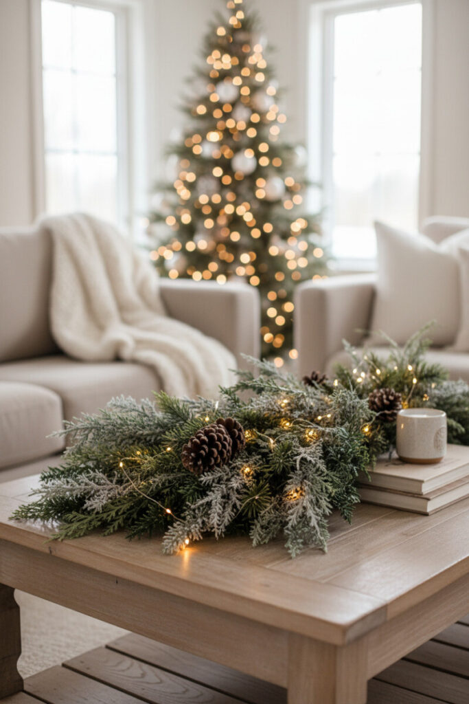 Light-wash table draped with frosted garland and micro LEDs over stacked books; serene living room backdrop.