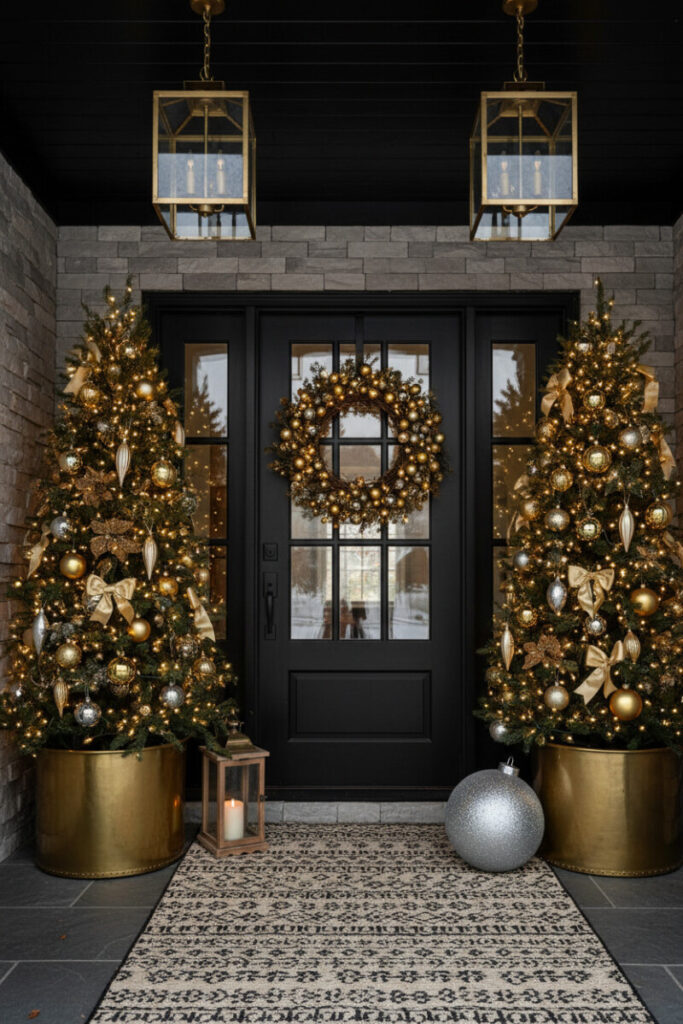 Brass planters holding gold and silver trees by the door, glamorous holiday porch decor.