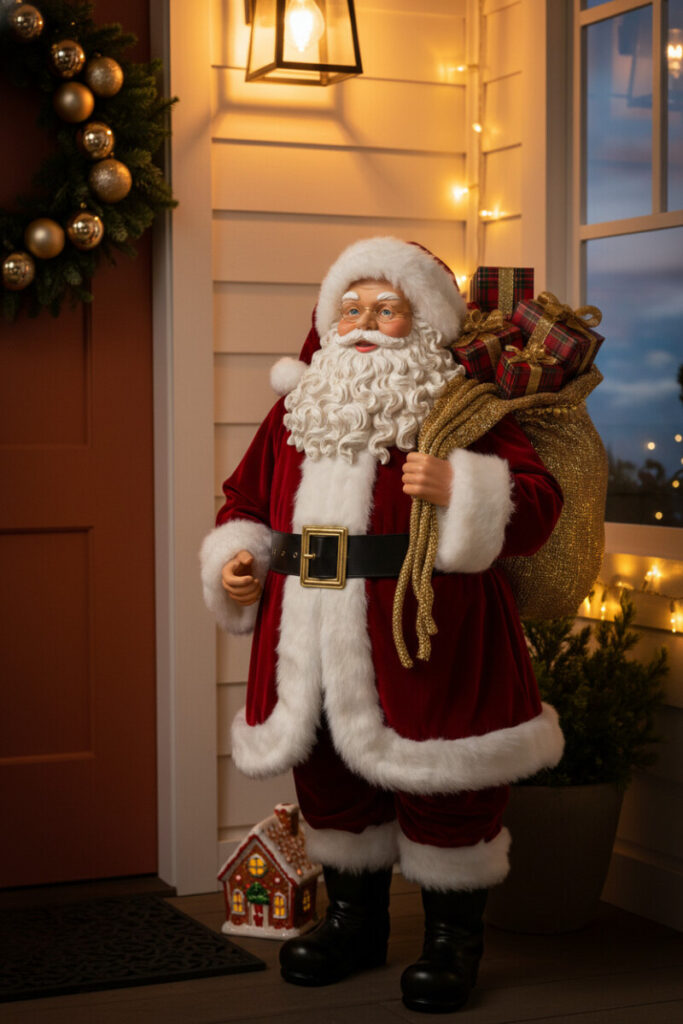 Large Santa Claus figurine with velvet suit and gift sack by the door, whimsical Christmas Front Porch Decorations.