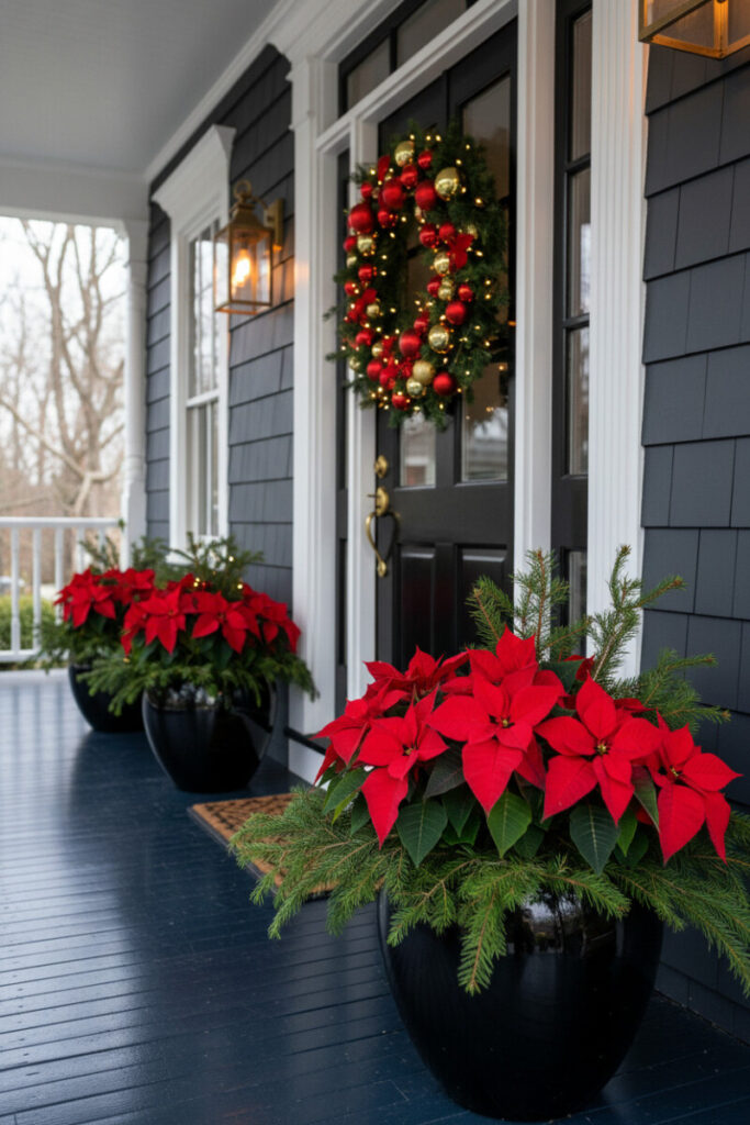 Glossy black planters overflowing with red poinsettias along gray deck, vibrant outdoor Christmas entryway.