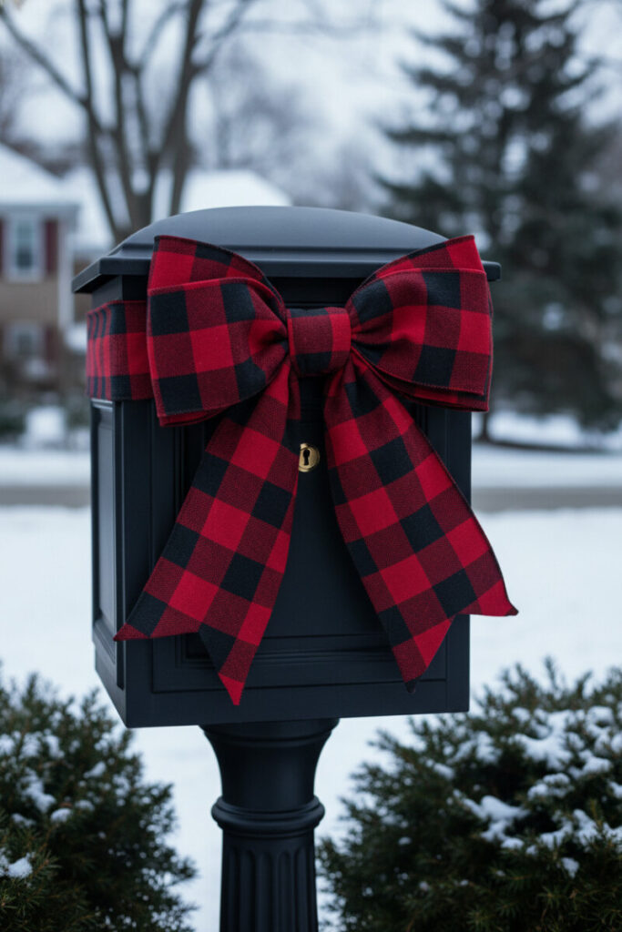 Black pedestal mailbox tied with an oversized red-and-black buffalo check bow, crisp statement for holiday curb appeal.