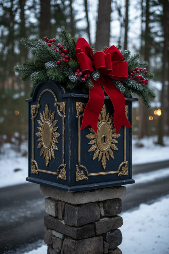 Distressed midnight-blue pedestal mailbox with gilded trim crowned by a plush red velvet bow and berries, classic Christmas Mailbox Decorations.