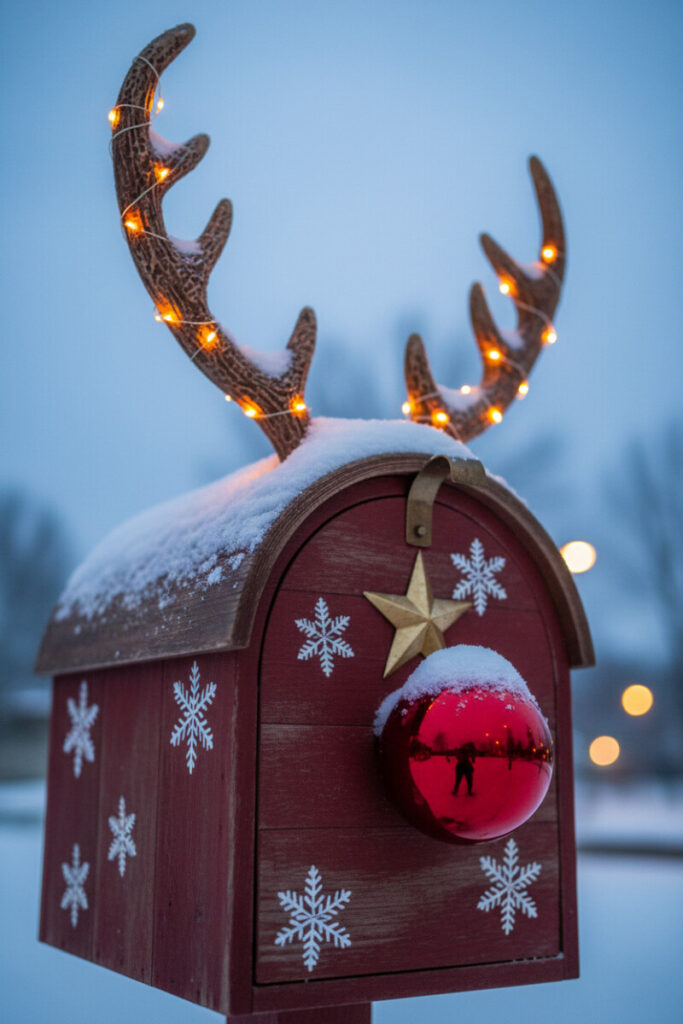 Deep red wooden mailbox styled as a reindeer with lit antlers, hand-painted snowflakes, and a shiny Rudolph nose, creative mailbox decor for Christmas.