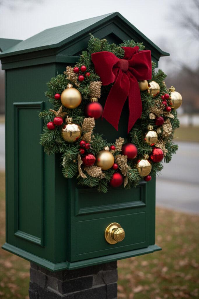 Deep green architectural mailbox centered with a lush wreath, velvet bow, and mixed red and gold ornaments, polished outdoor Christmas decor.