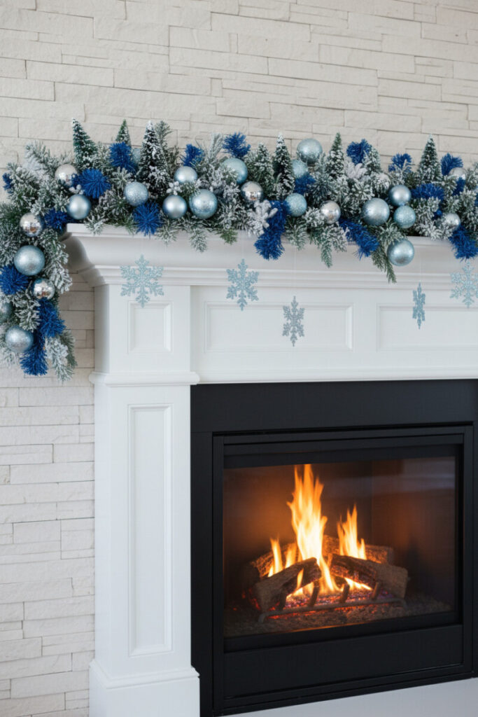 Modern white mantel with frosty blue and silver garland, glitter snowflakes, and glowing fire—crisp winter palette for Christmas Mantel Garland Ideas.