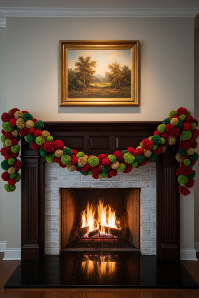 Dark wood mantle smothered in colorful yarn pom-poms over lit fire; playful fireplace garland inspiration for family rooms.