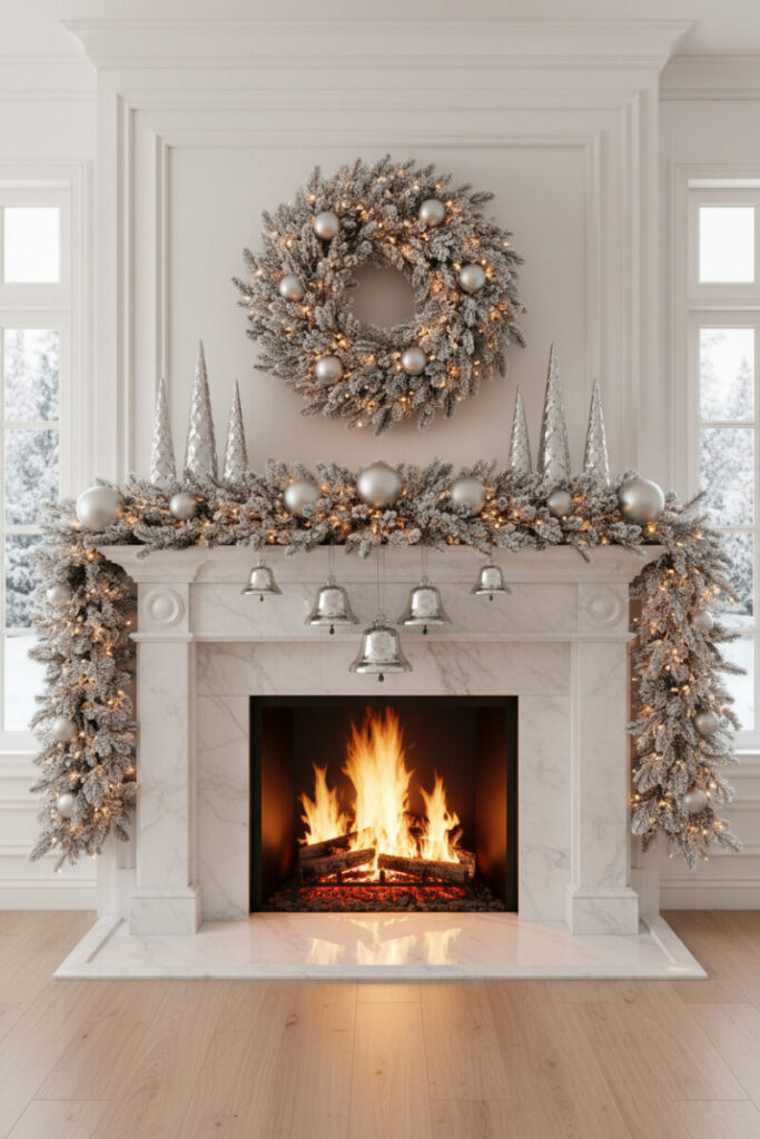 Luxe white marble mantel with frosted pine, matte silver baubles, and six silver bells; blazing fire—opulent Christmas Mantel Garland Ideas.