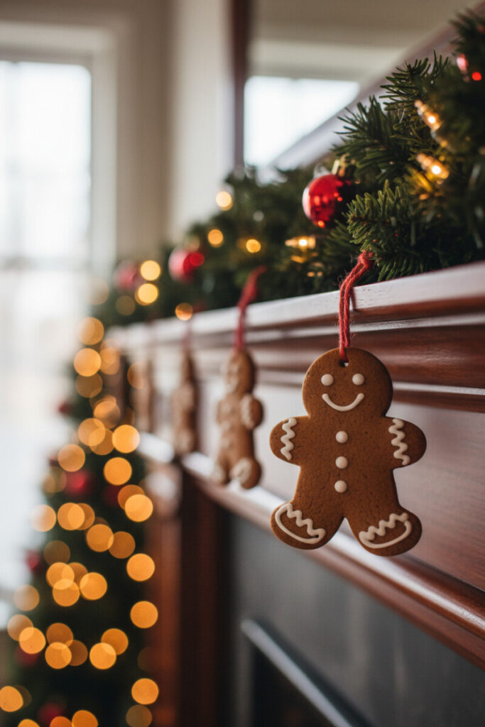 Gingerbread garland with a sharply focused mini cookie hanging from red twine; warm fairy lights and mahogany edge create nostalgic charm.