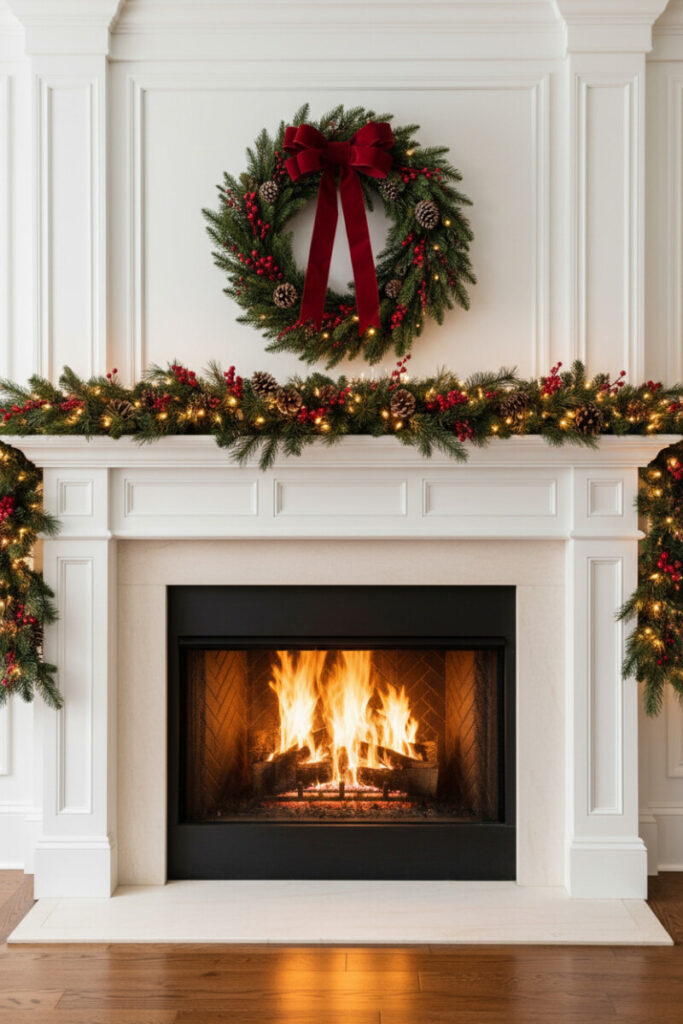 Traditional green garland with red berries, frosted pinecones, and velvet-bow wreath; crisp millwork and blazing fire—timeless Christmas Mantel Garland Ideas.