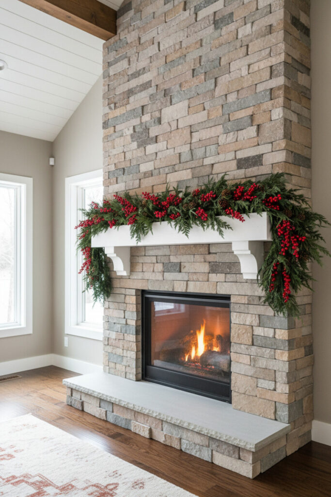 Stacked-stone fireplace with natural greenery, bright red berries, and pinecones; warm firebox glow—perfect for DIY fireplace garland ideas with natural elements.