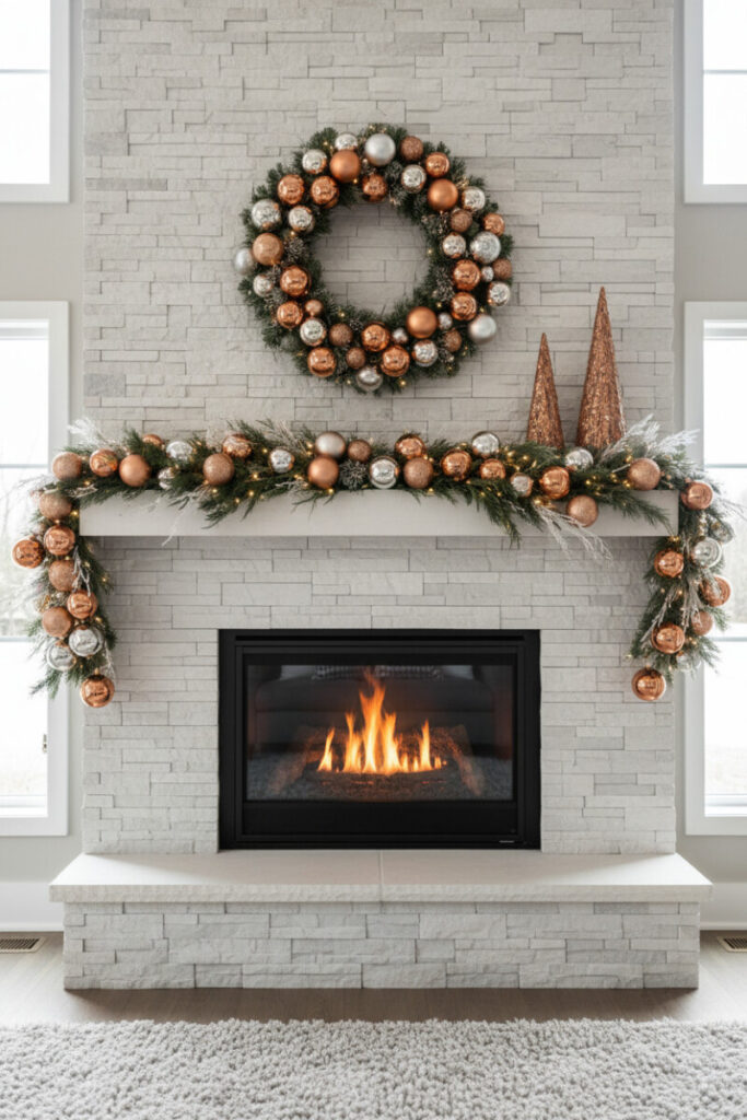 White ledger-stone wall with lush garland, copper, rose gold, and silver ornaments; matching metallic trees—modern fireplace garland inspiration.