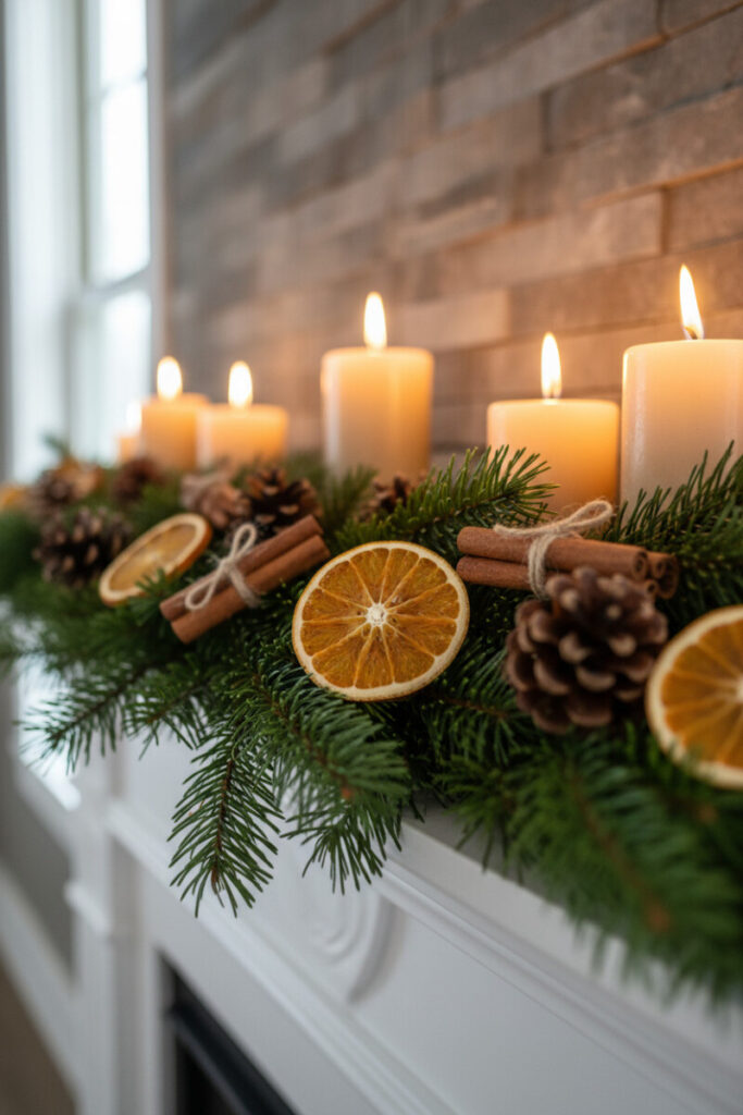 Close-up of emerald garland with cinnamon bundles, pinecones, dried orange slices, and pillar candles—warm DIY fireplace garland ideas with natural elements.