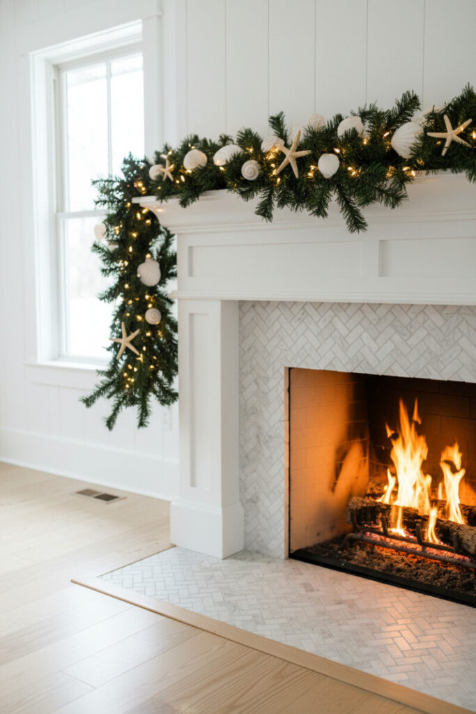 Coastal white mantel with basketweave marble, pine garland, micro-LEDs, and seashells/starfish; serene firelit scene for DIY fireplace garland ideas with natural elements.
