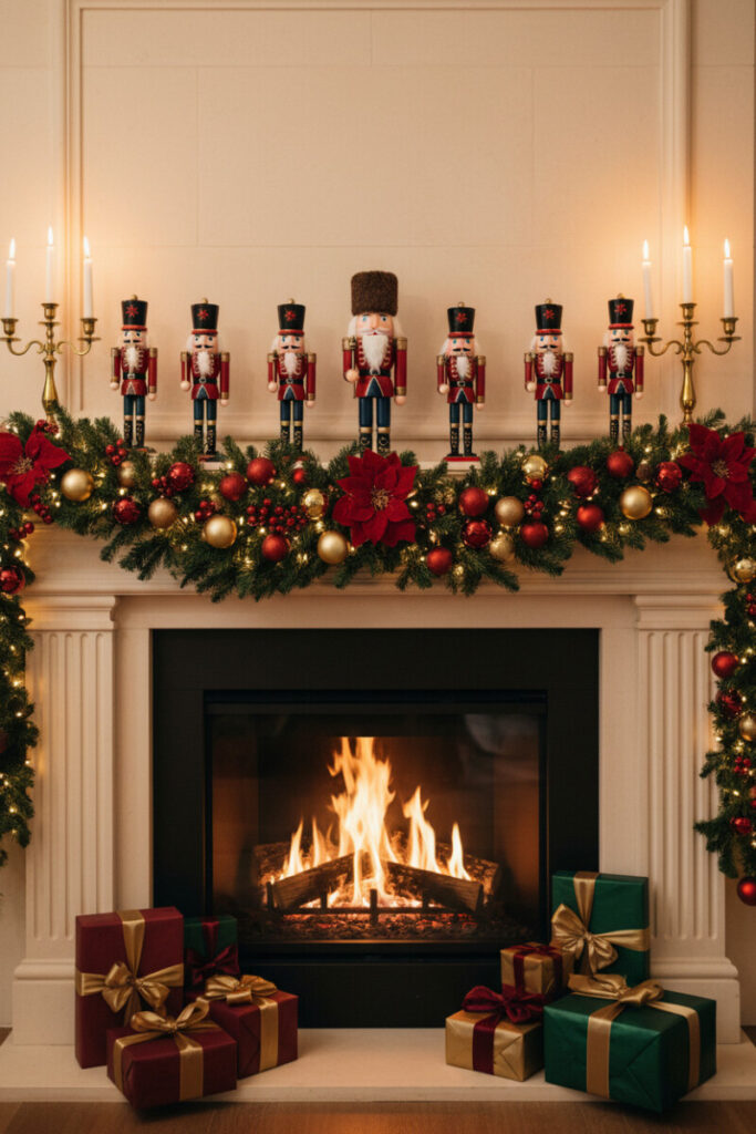 Cream stone mantel with lit garland, red and gold ornaments, and a lineup of traditional nutcrackers; candlelight and gift stacks—classic fireplace garland inspiration.