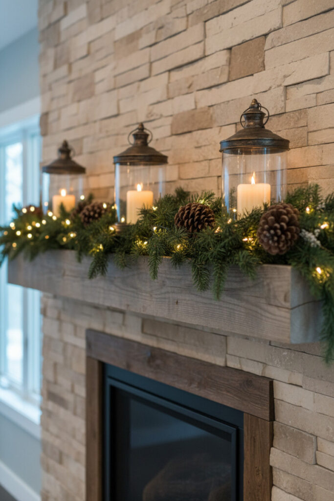 Weathered wood beam with frost-dusted garland, big pinecones, and trio of mini glass lanterns; candle glow—cozy DIY fireplace garland ideas with natural elements.