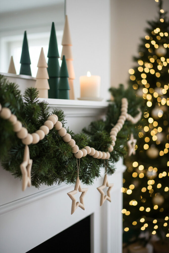 White mantel with spruce garland, alternating wooden beads and stars, plus minimalist wood trees; hygge vibe, one of the best Christmas mantel garland ideas on a budget.
