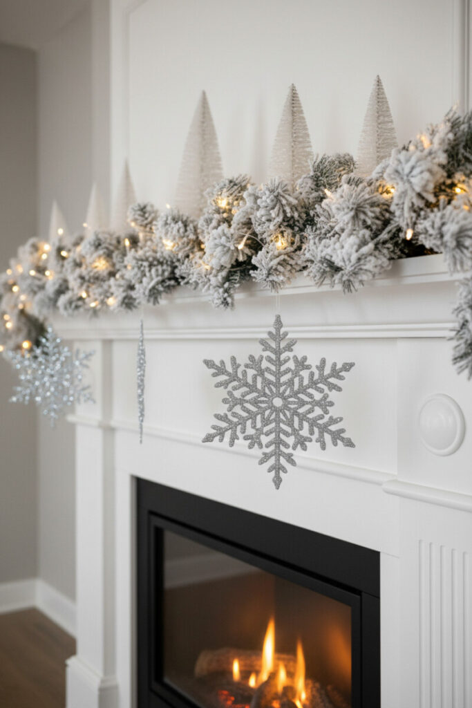 Heavily flocked silver-and-white garland with bottle-brush trees and glitter snowflakes; black firebox contrast—crisp Christmas Mantel Garland Ideas.